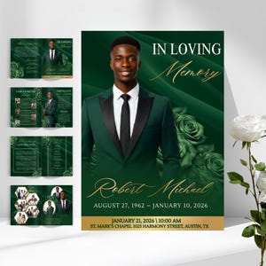 May include: A memorial service announcement featuring a portrait of a man in a green suit with a black tie. The text reads "In Loving Memory" and includes the name "Robert Michael" and dates. White roses are in the foreground.