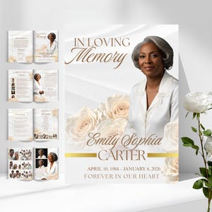 May include: A memorial poster with the text "In Loving Memory" and the name "Emily Sophia Carter." The poster includes a photo of a woman, cream-colored roses, and a gold banner. Several memorial booklets are also displayed.