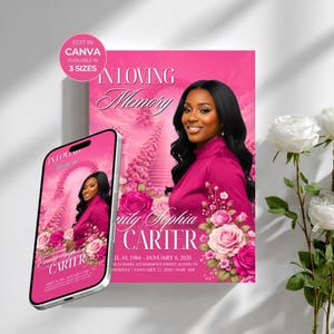 Op de afbeelding: Een roze gedenkdesign met een portret van een vrouw, bloemmotieven en de tekst "In Loving Memory". Het ontwerp bevat de naam "Emily Sophia Carter" en data. Een smartphone toont hetzelfde ontwerp.