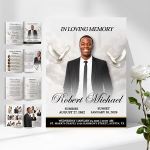 Può includere: Un poster commemorativo con la scritta "IN LOVING MEMORY" e il nome "Robert Michael". Il poster presenta una foto di un uomo in giacca e cravatta, colombe e dettagli dell'evento. Rose bianche in primo piano.