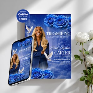 May include: A memorial announcement with a blue and white theme. The design features a portrait of a woman, blue roses, and doves. Text includes "Treasuring a Lasting Legacy" and the name "Emily Sophia Carter". The announcement is available in 3 sizes.