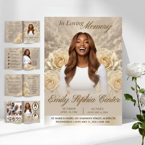 May include: A memorial service program featuring a portrait of a woman with long brown hair, surrounded by cream-colored roses. The text reads "In Loving Memory" and includes the name "Emily Sophia Carter", along with dates and location details.