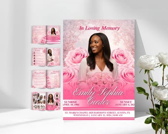 Plantilla de programa funerario con obituario, plantilla Celebrando la vida, programa funerario conmemorativo de Canva, orden de servicio conmemorativo, plantilla funeraria rosa