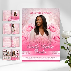 May include: A memorial service program with a portrait of a woman, surrounded by pink roses. The text reads "In Loving Memory" and includes the name "Emily Sophia Carter", along with dates and location details. Several smaller brochures are also visible.