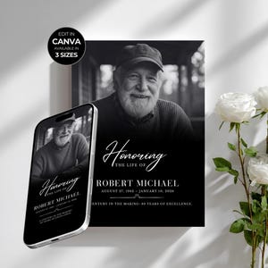 May include: A black and white memorial print and phone display. The print features a photo of a man, with text that reads "Honoring the Life of Robert Michael." The phone displays the same design. White roses are in the background.