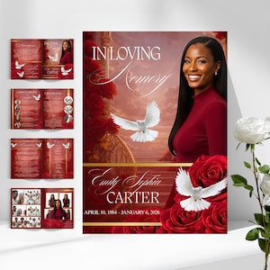 以下が含まれることがあります： 「In Loving Memory」のテキストと「Emily Sophia Carter」の名前が書かれた追悼のお知らせ。赤いバラ、白い鳩、赤いドレスを着た女性の肖像画がデザインされています。追加のパンフレットが表示されています。