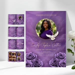 Könnte beinhalten: Ein lila Gedenkprogramm mit einem Foto einer Frau, einer weißen Taube und lila Rosen. Der Text lautet "Celebrating Life of Emily Sophia Carter, April 30, 1984 - January 6, 2026". Die Adresse der Kapelle und die Servicezeit sind ebenfalls enthalten.