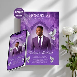 May include: A purple memorial announcement featuring a man in a suit, doves, and the text "Honoring the Life of Robert Michael." A smartphone displays the same design. White roses are in the background.