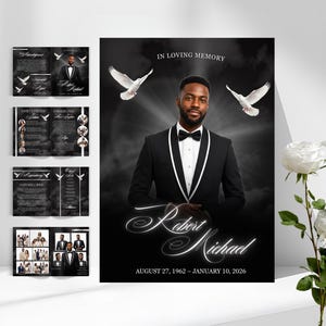 May include: A memorial poster and brochure set featuring a portrait of a man in a black tuxedo with a bow tie. The poster reads "In Loving Memory" and includes the name "Robert Michael" and dates. White doves are also featured.