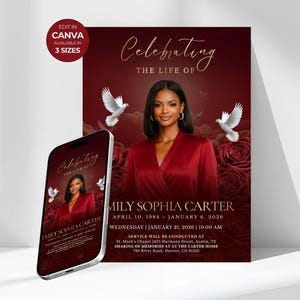 May include: A funeral program template featuring a deep red background with gold text, a portrait of a person, and two white doves. The text reads Celebrating The Life Of Emily Sophia Carter, April 10, 1984 - January 6, 2026, and service details.