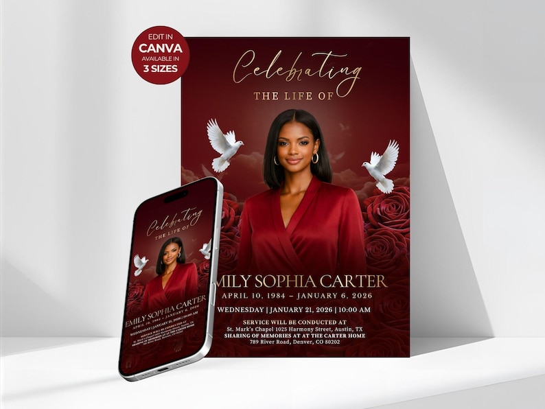 May include: A funeral program template featuring a deep red background with gold text, a portrait of a person, and two white doves. The text reads Celebrating The Life Of Emily Sophia Carter, April 10, 1984 - January 6, 2026, and service details.
