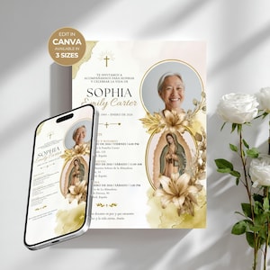 May include: A memorial invitation template featuring a portrait of an elderly person, an illustration of the Virgin of Guadalupe, and gold floral accents. The text includes the name Sophia Emily Carter, dates, and event details in Spanish.