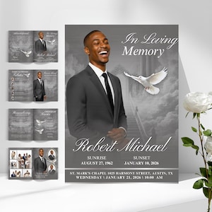 Könnte beinhalten: Ein Gedenkprogramm mit einem Porträt eines Mannes im Anzug, dem Text "In Loving Memory" und dem Namen "Robert Michael". Das Programm enthält Daten und Ortsangaben, mit einer Taubengrafik.