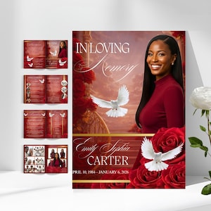 Plantilla de programa funerario en Canva rojo. Programas funerarios de celebración de la vida. Plantillas de obituario editables. Obituario de Loving Memories.