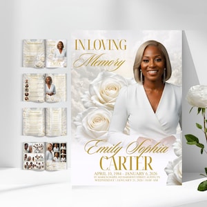 Puede incluir: Un programa y un cartel de servicio conmemorativo con una mujer con un vestido blanco, rodeada de rosas blancas. El cartel dice "In Loving Memory" e incluye el nombre "Emily Sophia Carter" y fechas.
