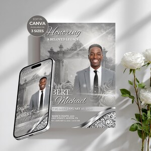 May include: A memorial announcement with the text "Honoring A Beloved Legacy" and a photo of a man in a suit. A smartphone displays the same image. White roses are on the right. The announcement is available in 3 sizes.