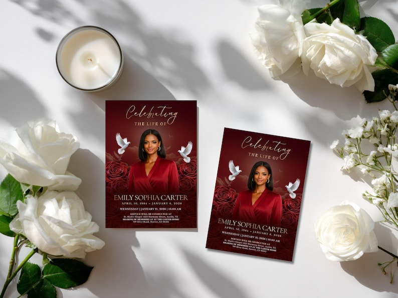 May include: Two rectangular funeral program cards featuring a deep red background with dark red roses and two white doves. Each card displays a photograph of a person in a red top, the text Celebrating the Life of Emily Sophia Carter, and service details.