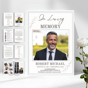 May include: A memorial announcement with the text "In Loving Memory" and the name "Robert Michael." The announcement includes a photograph of a man in a suit, along with dates and location details. White roses are in the foreground.