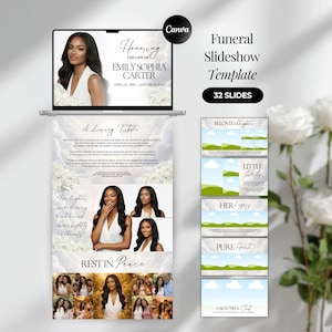 May include: A funeral slideshow template with 32 slides. The design includes a laptop screen with a photo and text, a banner with photos and text, and several small slide previews. White roses are in the background.