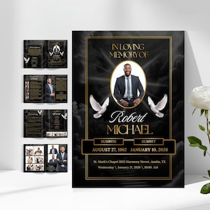 Puede incluir: Un anuncio de servicio conmemorativo con un diseño negro y dorado. El anuncio incluye una foto de un hombre, el texto "In Loving Memory Of Robert Michael" y fechas. Hay palomas blancas a ambos lados de la foto.