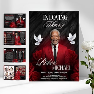 May include: A memorial design featuring a portrait of a man in a red suit, surrounded by red roses and white doves. The text reads "In Loving Memory" and includes the name "Robert Michael" and dates.