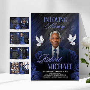 May include: A memorial poster with the text "IN LOVING Memory" and the name "Robert MICHAEL". The poster features a portrait of a man in a suit, white doves, and blue roses. Additional memorial cards are also visible.