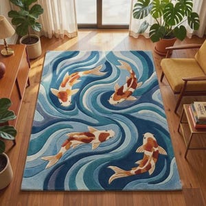 Könnte beinhalten: Ein rechteckiger Teppich mit einem blauen und türkisfarbenen wirbelnden Wassermuster und vier Koi-Fischen in Orange-, Weiß- und Brauntönen. Der Teppich hat eine strukturierte Oberfläche mit verschiedenen Blautönen, die Bewegung erzeugen.