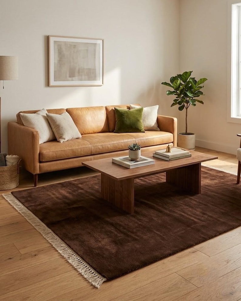 Premium chocolate brown hand-knotted rug made of 100% New Zealand wool, featuring a solid contemporary design with contrasting fringed edges, styled under a mid-century coffee table in a modern minimalist living room.