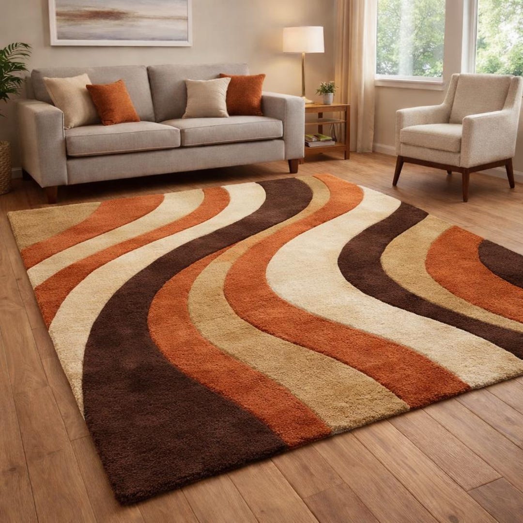 Retro 70s Wavy Shag Rug Brown Orange Tan Mid Century Modern Large Area ...