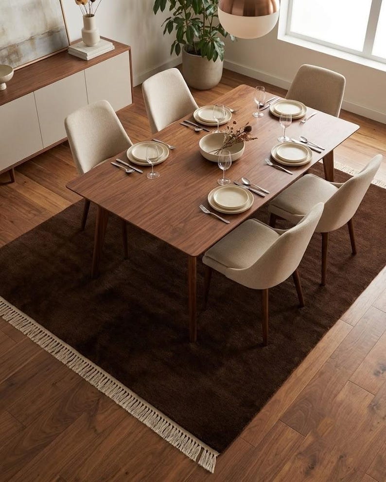 Premium chocolate brown hand-knotted rug made of 100% New Zealand wool, featuring a solid contemporary design with contrasting fringed edges, styled under a mid-century coffee table in a modern minimalist living room.