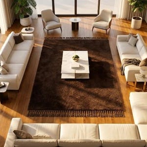 Premium chocolate brown hand-knotted rug made of 100% New Zealand wool, featuring a solid contemporary design with contrasting fringed edges, styled under a mid-century coffee table in a modern minimalist living room.
