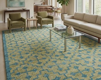 Yellow Teal Geometric Area Rug, Hand Knotted Wool Carpet for Living Room, Modern Lattice Trellis Table Decor, 8x10 9x12 Custom
