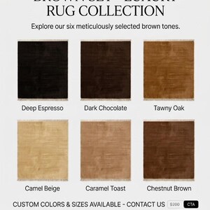 Premium chocolate brown hand-knotted rug made of 100% New Zealand wool, featuring a solid contemporary design with contrasting fringed edges, styled under a mid-century coffee table in a modern minimalist living room.