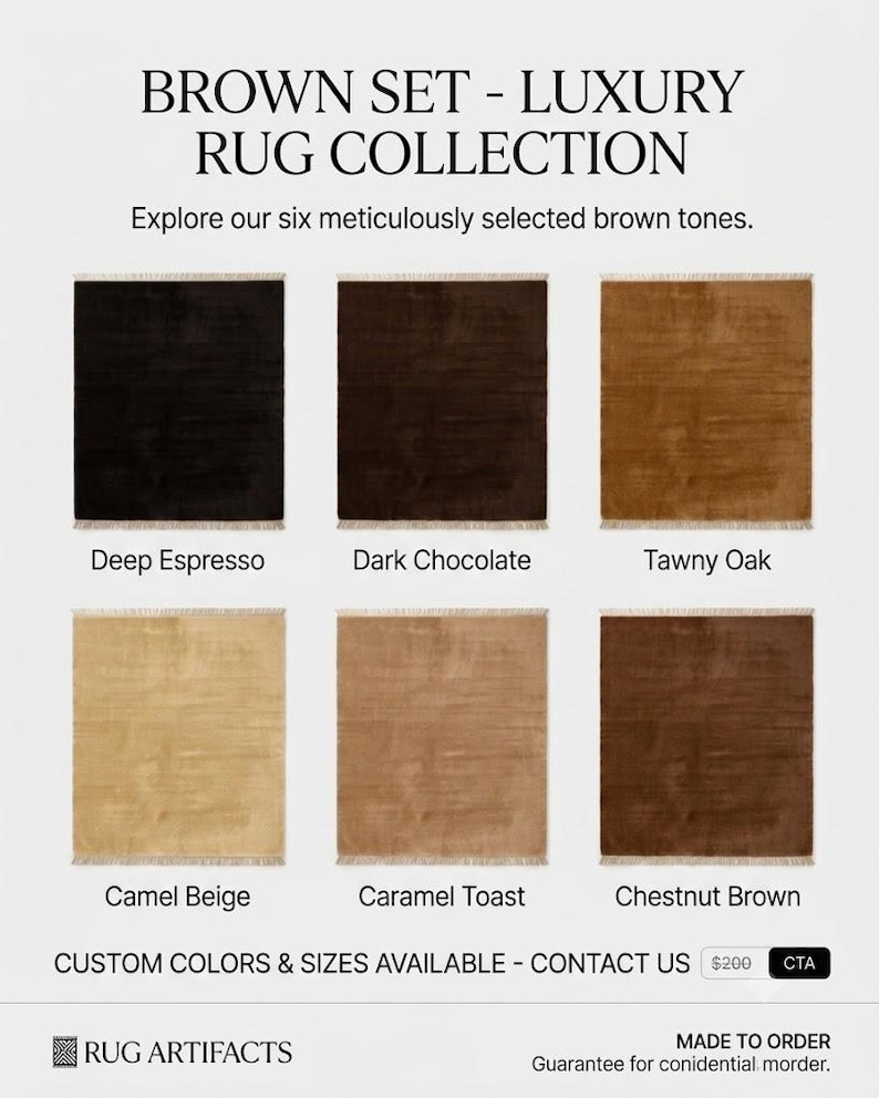 Premium chocolate brown hand-knotted rug made of 100% New Zealand wool, featuring a solid contemporary design with contrasting fringed edges, styled under a mid-century coffee table in a modern minimalist living room.