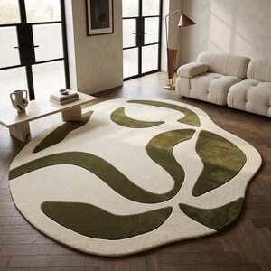 Abstract Irregular Shape Rug, Mid Century Modern Tufted Carpet, Retro 70s Aesthetic Olive Green Area Rug, Large Nordic Minimalist Floor Mat