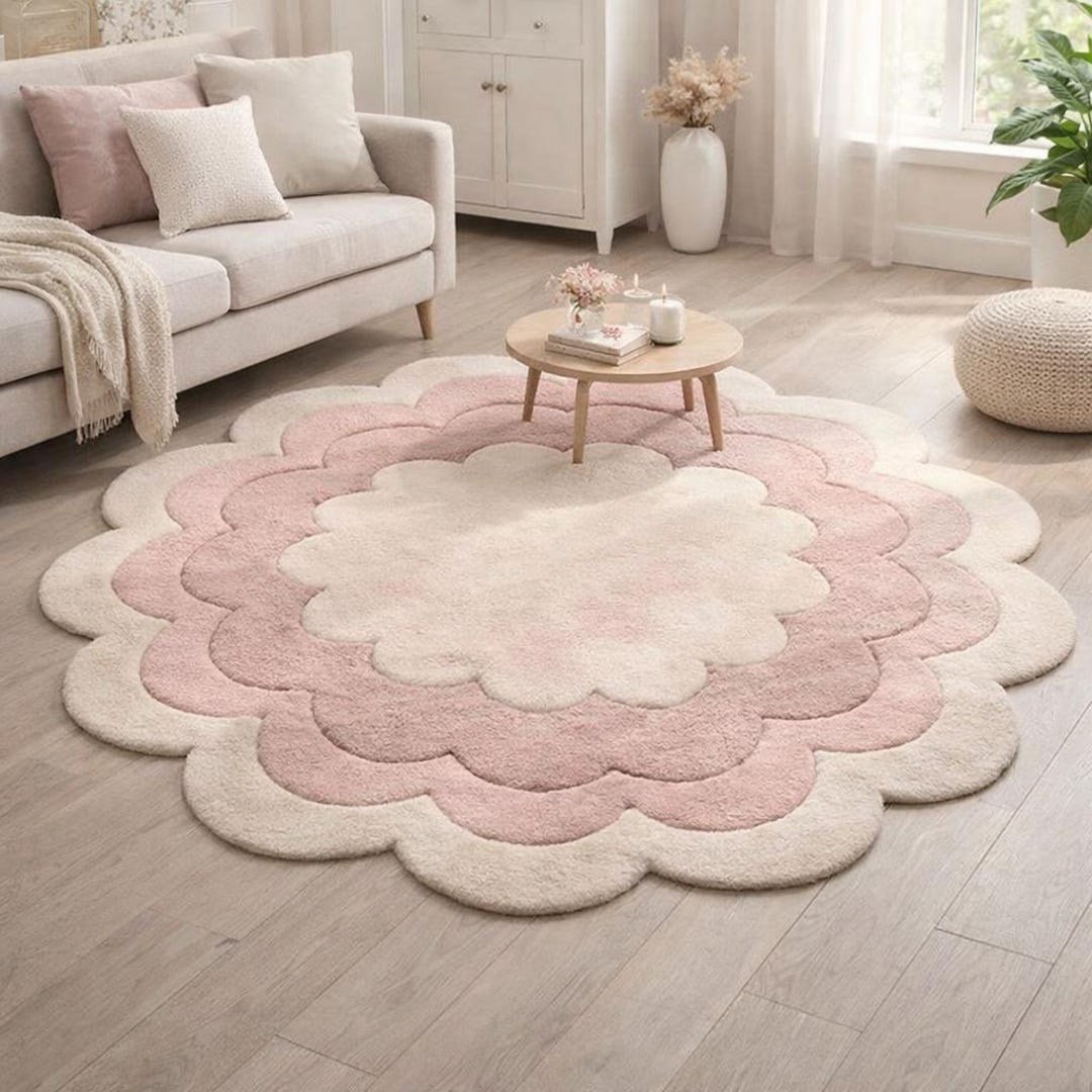 Gily Rug Handmade Scalloped Flower Rug, Pink Round Area Carpet for Aesthetic ...