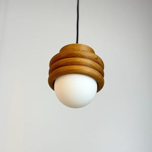 May include: A modern pendant light with a white globe shade encased in a series of stacked, light brown wooden rings. The light hangs from a black cord against a plain white background.