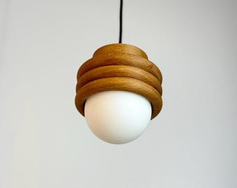 Wooden Pendant Light for Kitchen Island, Solid Oak Ceiling Lamp, Opal Glass Globe, Scandinavian Lighting