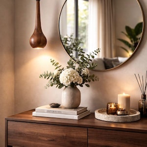 May include: A modern interior scene featuring a dark wood console table with a round gold-framed mirror. A vase of white flowers, books, candles, and a wooden pendant light add to the decor. The word "INTERIORS" is visible on a book.