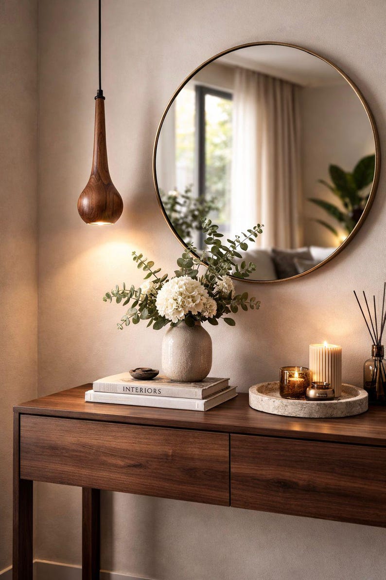 May include: A modern interior scene featuring a dark wood console table with a round gold-framed mirror. A vase of white flowers, books, candles, and a wooden pendant light add to the decor. The word "INTERIORS" is visible on a book.