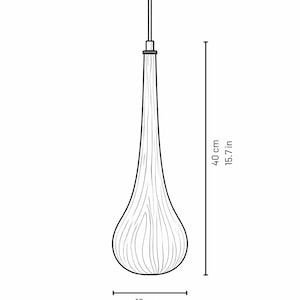 May include: A teardrop-shaped pendant light fixture with a wood grain pattern. The light is 15.7 inches (40 cm) long and 4.7 inches (12 cm) wide at its base. The fixture hangs from a thin wire.