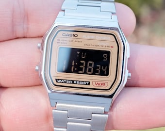 Custom Casio A158 "Midnight" Negative Display Mod | Gold Edition | Retro Digital Watch | Stainless Steel Band