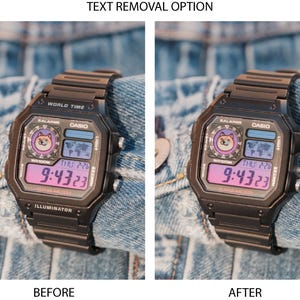 Puede incluir: Un reloj digital Casio negro con una pantalla rosa y morada que muestra la hora 9:43:23. La esfera del reloj presenta un gr&aacute;fico de perro y el texto "WORLD TIME" e "ILLUMINATOR". El reloj est&aacute; sobre un fondo de mezclilla.