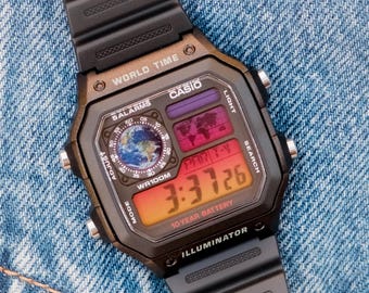 Casio Royale AE1200 "Terre" dégradé, montre numérique heure mondiale