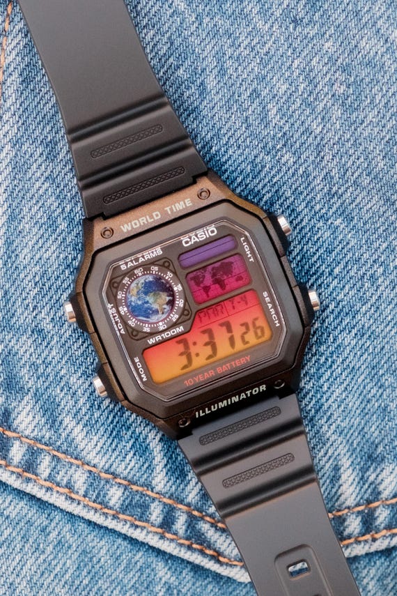 Custom Casio Royale AE1200 "Earth" Gradient Mod, Digital World Time Watch