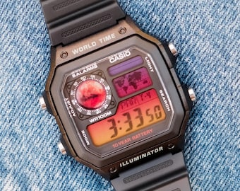 Custom Casio Royale AE1200 "Mars" Gradient Mod, Sunset Inspired Digital World Time Watch