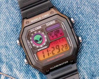 Custom Casio Royale AE1200 "Area 51 - Alien Edition" Mod, Sunset Inspired Digital World Time Watch