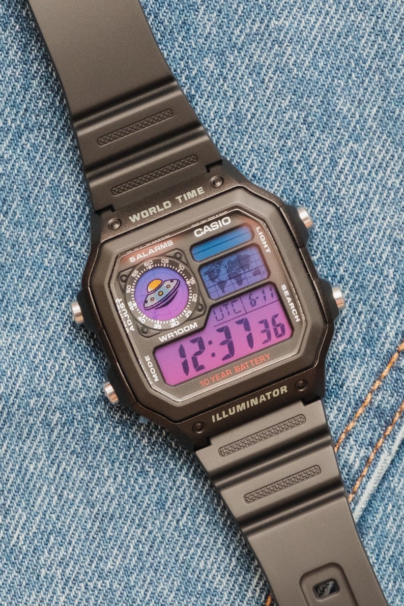 Custom Casio Royale AE1200 "Area 51 - UFO Edition" Gradient Mod, Sunset Inspired Digital World Time Watch Dusk Fade