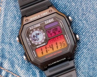 Custom Casio Royale AE1200 "Luna" Gradient Mod, Sunset Inspired Digital World Time Watch