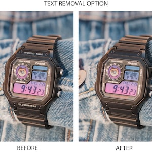 Peut inclure: Une montre num&eacute;rique Casio noire avec un &eacute;cran rose et violet affichant l'heure 9:43:23. Le cadran de la montre pr&eacute;sente un graphique Shiba Inu et le texte "WORLD TIME" et "ILLUMINATOR". La montre est pos&eacute;e sur un fond en jean.